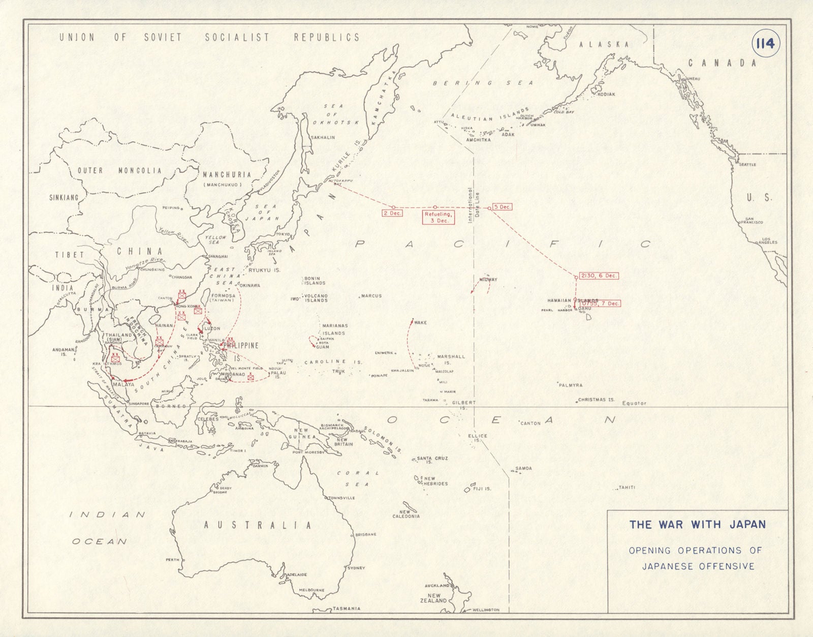 World War 2. Opening Japanese Offensive 1941. Pearl Harbor Malaya 1959 old map